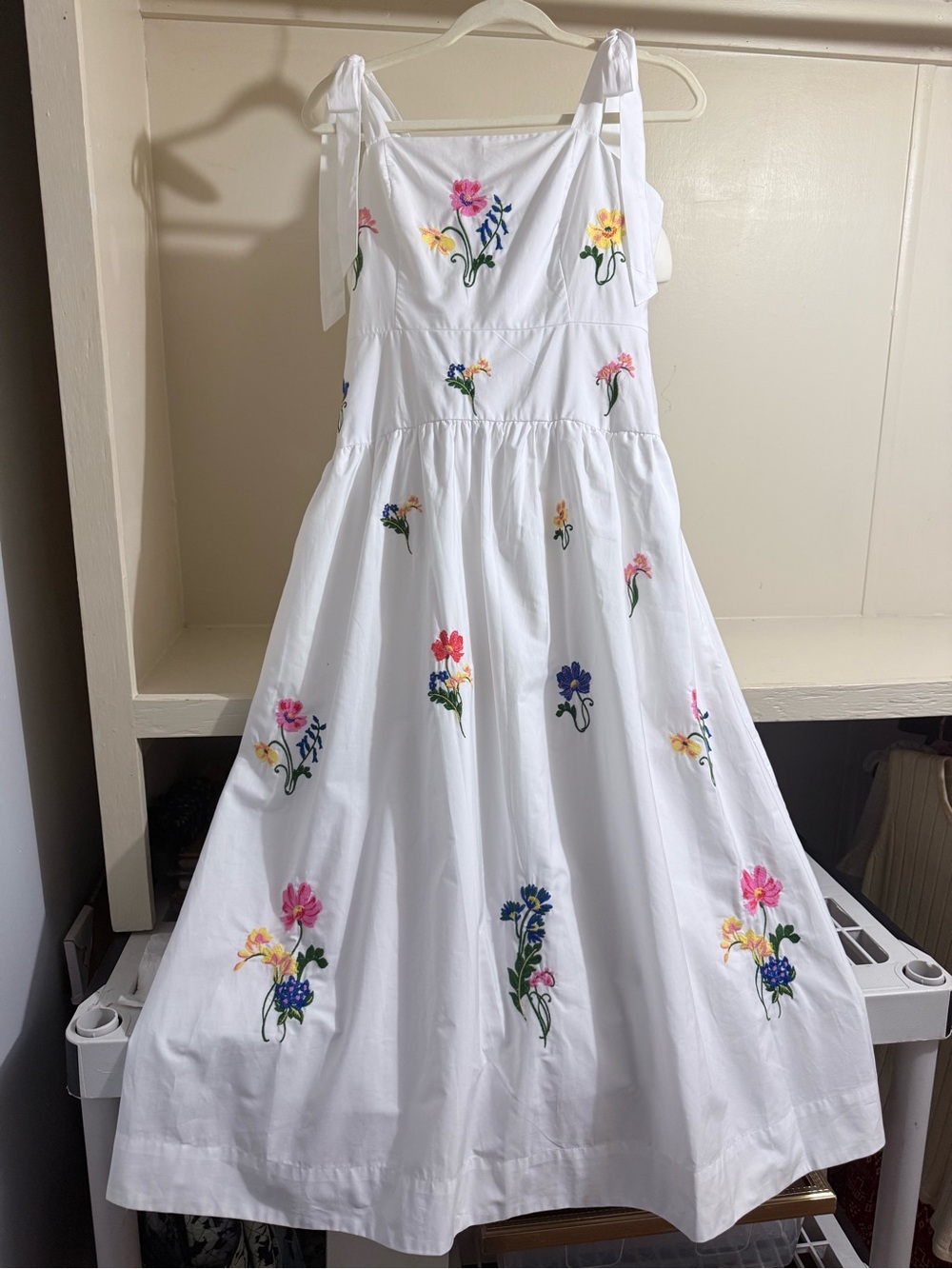 White Floral Embroidered Tie-Strap Sundress